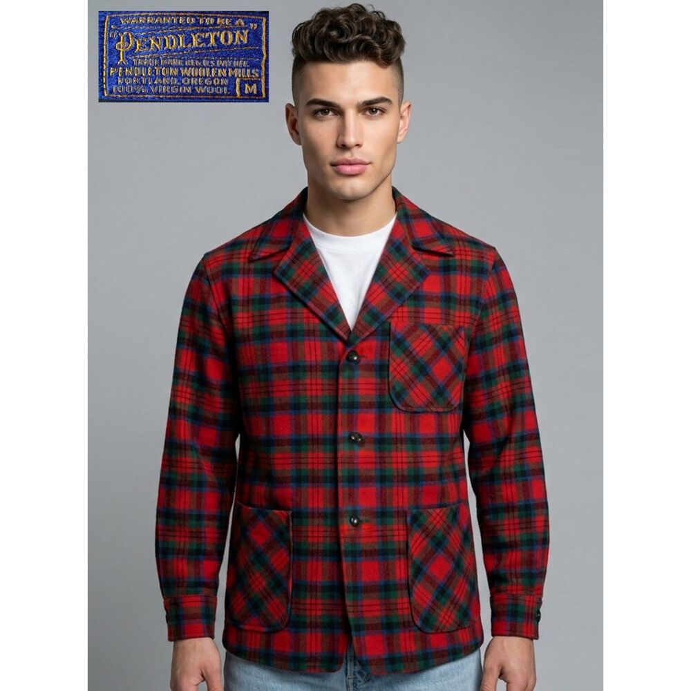 M Vintage PENDLETON 1960s Red Plaid Wool Field Jacket Coat Shirt Hunting USA